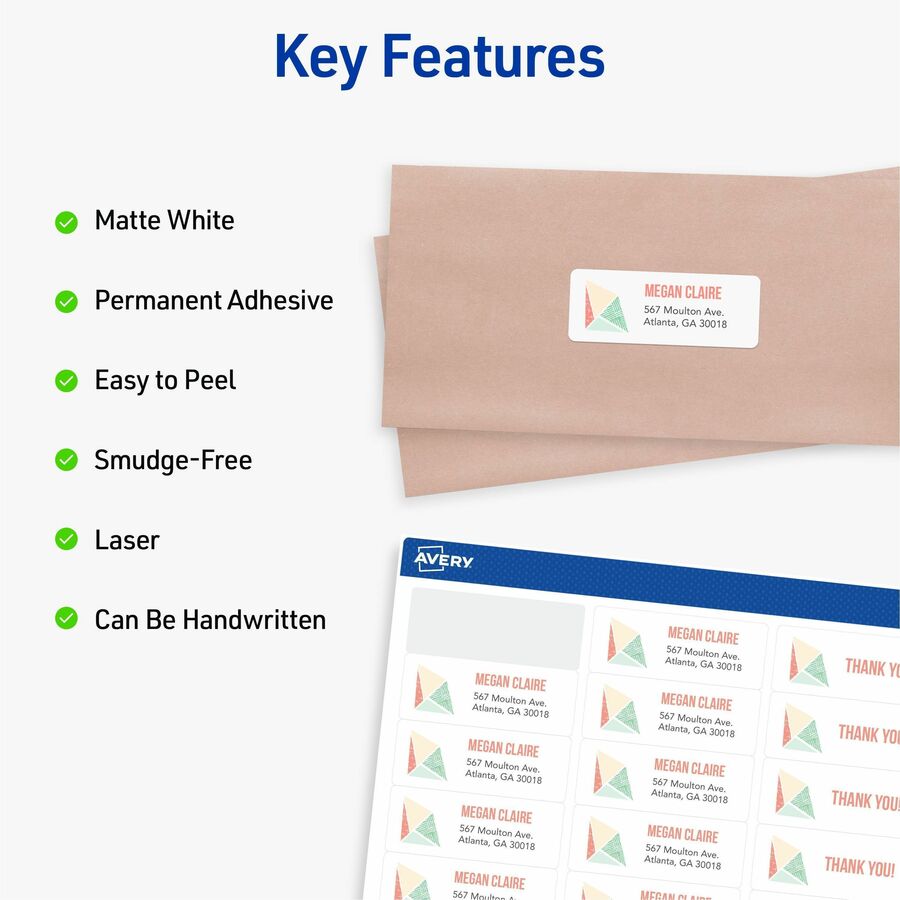 Image of Avery® Easy Peel White Address Labels W/ Sure Feed Technology, Laser Printers, 1 X 2.63, White, 30/sheet, 500 Sheets/box