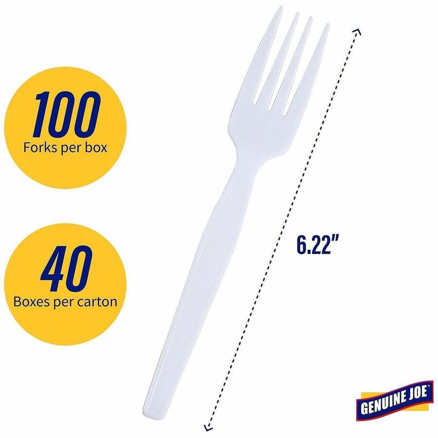 Image of Genuine Joe 0010430CT Medium-Heavyweight Plastic Forks, Disposable, White, 100/Box, 40 / Carton