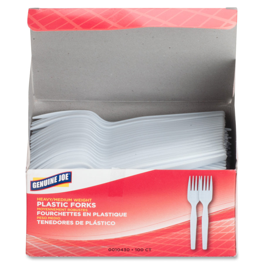 Image of Genuine Joe 0010430CT Medium-Heavyweight Plastic Forks, Disposable, White, 100/Box, 40 / Carton