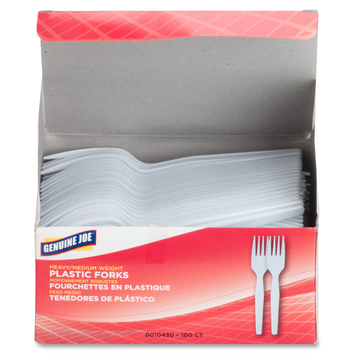 Image of Genuine Joe 0010430CT Medium-Heavyweight Plastic Forks, Disposable, White, 100/Box, 40 / Carton