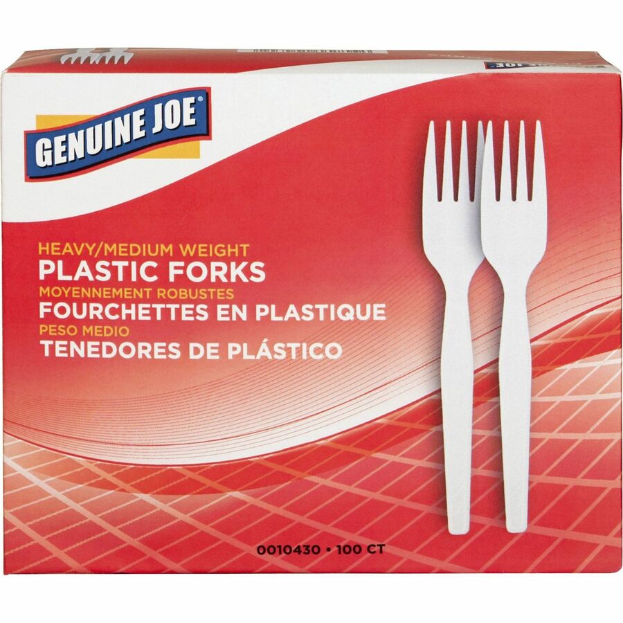 Image of Genuine Joe 0010430CT Medium-Heavyweight Plastic Forks, Disposable, White, 100/Box, 40 / Carton