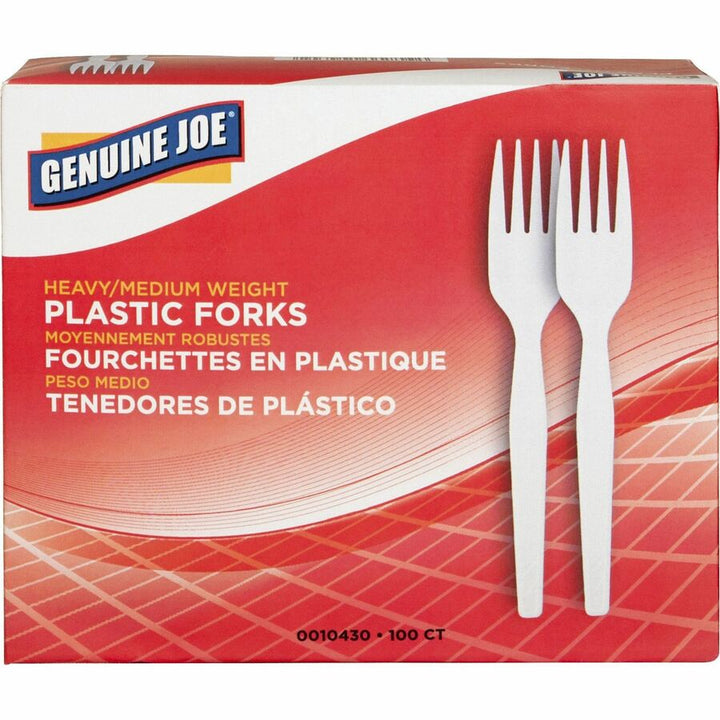 Image of Genuine Joe 0010430CT Medium-Heavyweight Plastic Forks, Disposable, White, 100/Box, 40 / Carton