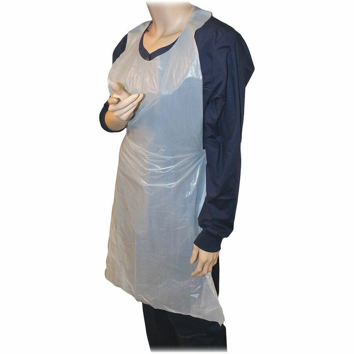 Image of Genuine Joe 85141 50" Disposable Poly Apron, White, Polyethylene, 100 / Pack