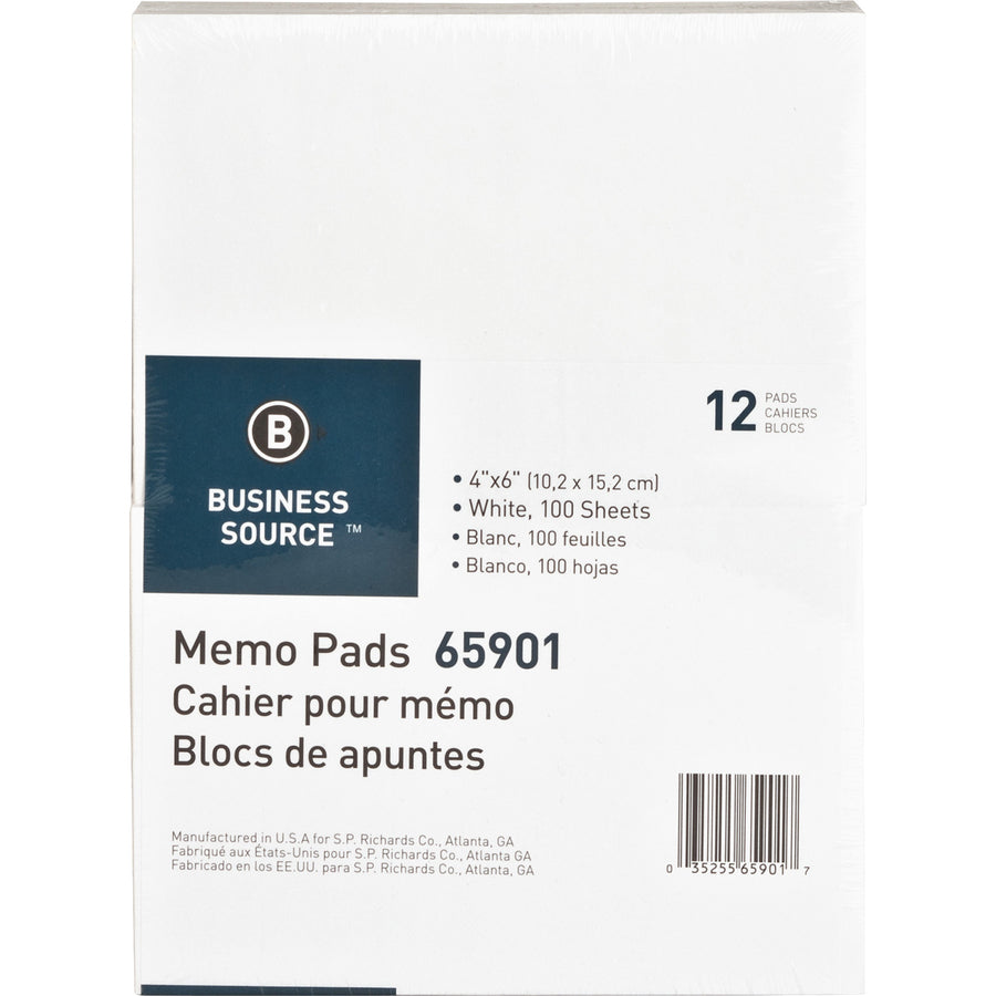 Image of Business Source Memo Pads, Unruled, 15lb., 4"x6", 100 Sheets,1 DZ,12DZ/CT,WE
