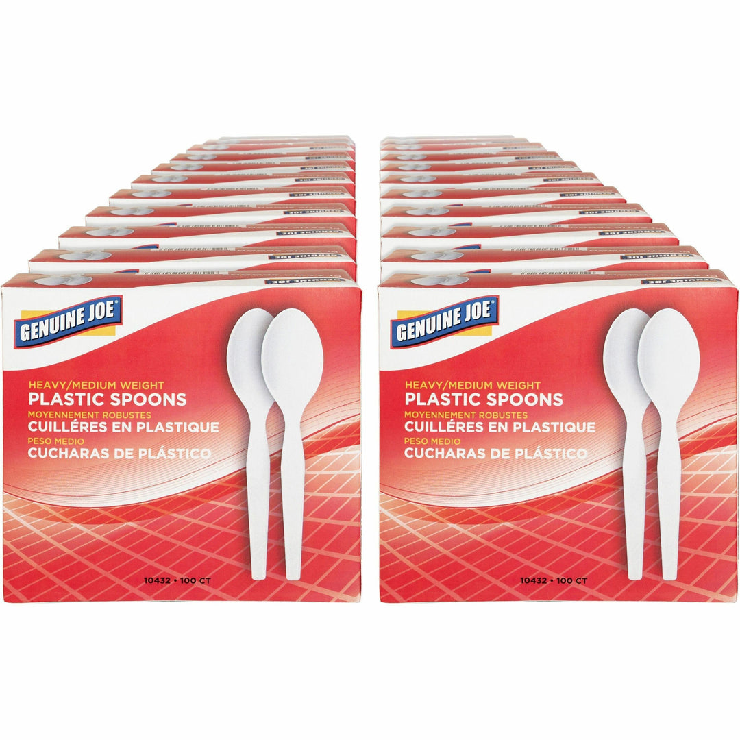 Image of Genuine Joe 10432CT Medium-Heavyweight Plastic Spoons, Disposable, White, 100/Box, 40 / Carton