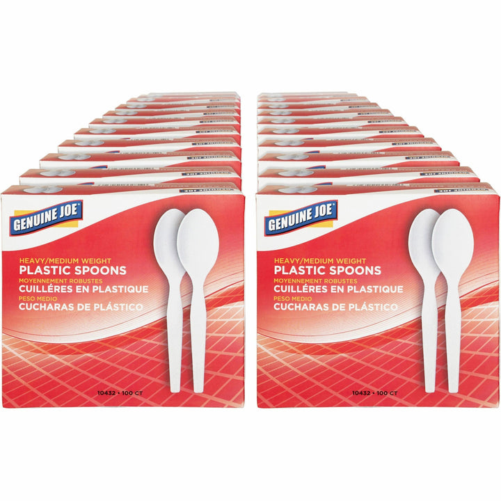 Image of Genuine Joe 10432CT Medium-Heavyweight Plastic Spoons, Disposable, White, 100/Box, 40 / Carton