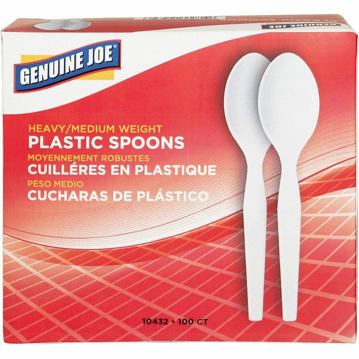 Image of Genuine Joe 10432CT Medium-Heavyweight Plastic Spoons, Disposable, White, 100/Box, 40 / Carton