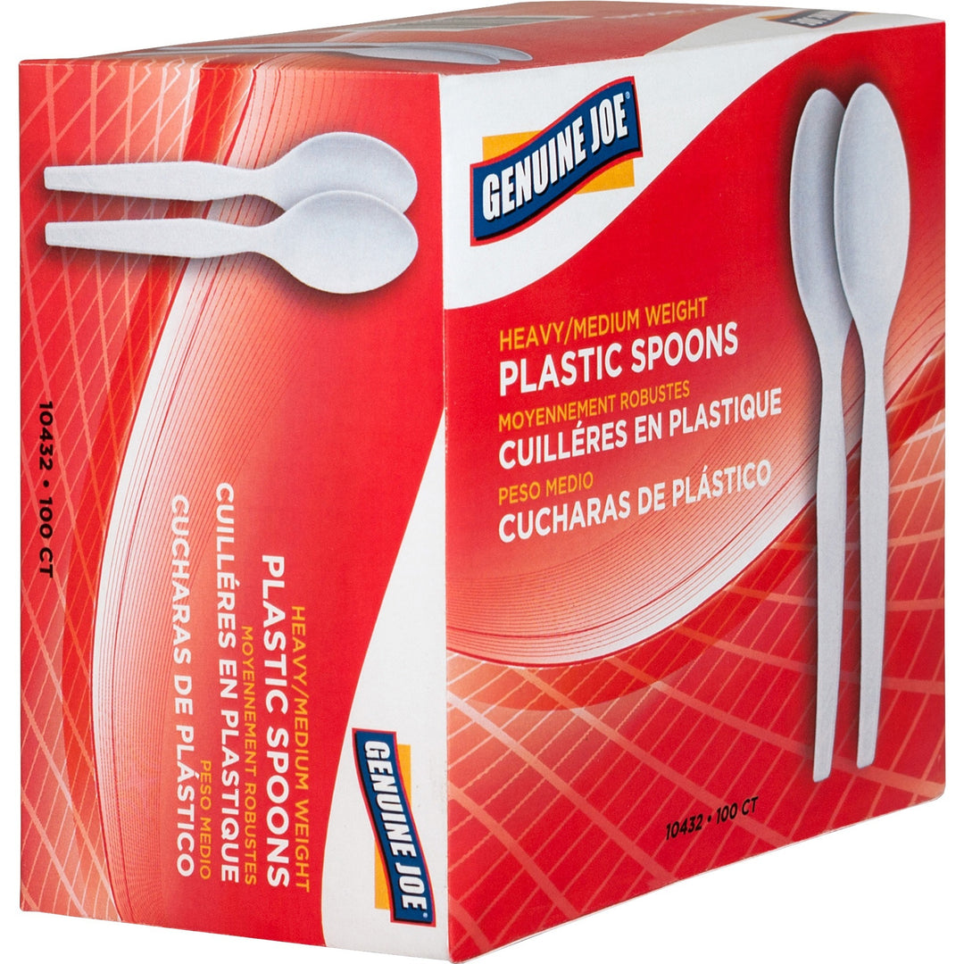 Image of Genuine Joe 10432CT Medium-Heavyweight Plastic Spoons, Disposable, White, 100/Box, 40 / Carton