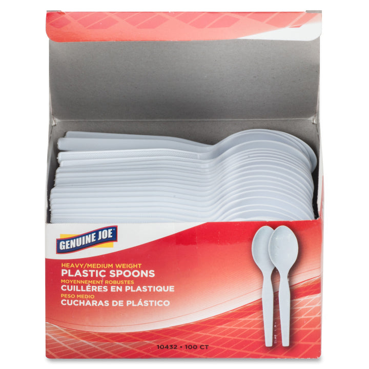 Image of Genuine Joe 10432CT Medium-Heavyweight Plastic Spoons, Disposable, White, 100/Box, 40 / Carton