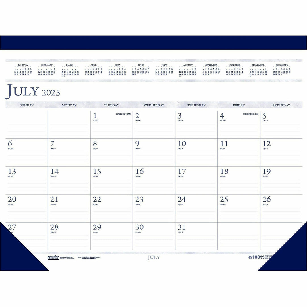 Image of House Of Doolittle Recycled Academic Desk Pad Calendar, 22 x 17, White/Blue Sheets, Blue Binding/Corners, 14-Month (July to Aug): 2024 to 2025