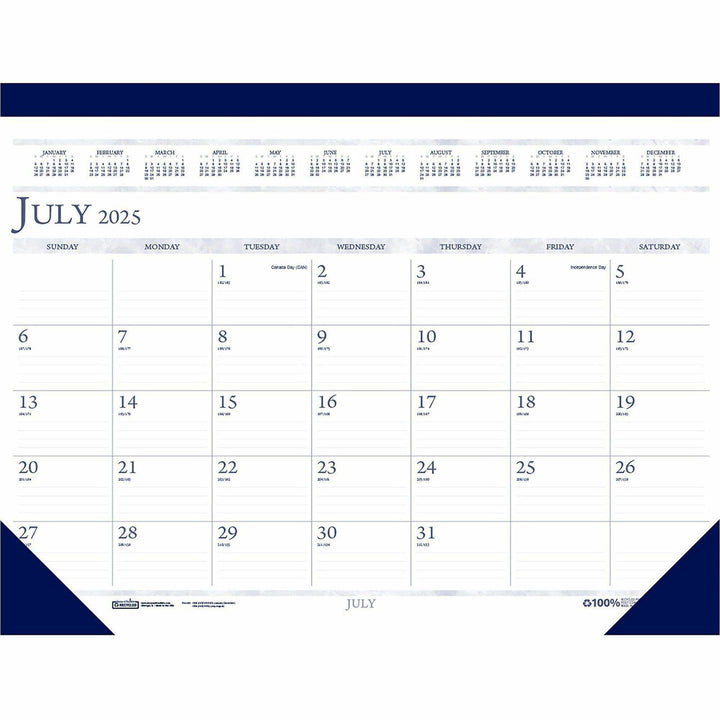 Image of House Of Doolittle Recycled Academic Desk Pad Calendar, 22 x 17, White/Blue Sheets, Blue Binding/Corners, 14-Month (July to Aug): 2024 to 2025