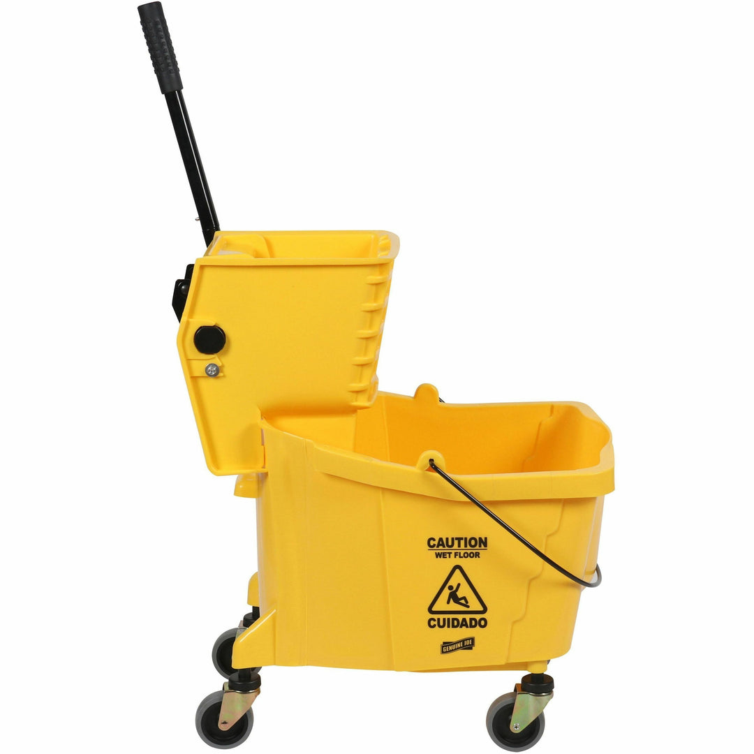 Image of Genuine Joe 02347 35-quart Side Press Mop Bucket & Wringer Combo, 8.75 gal, Caster, 21" x 16" x 14", Yellow, 1 Each