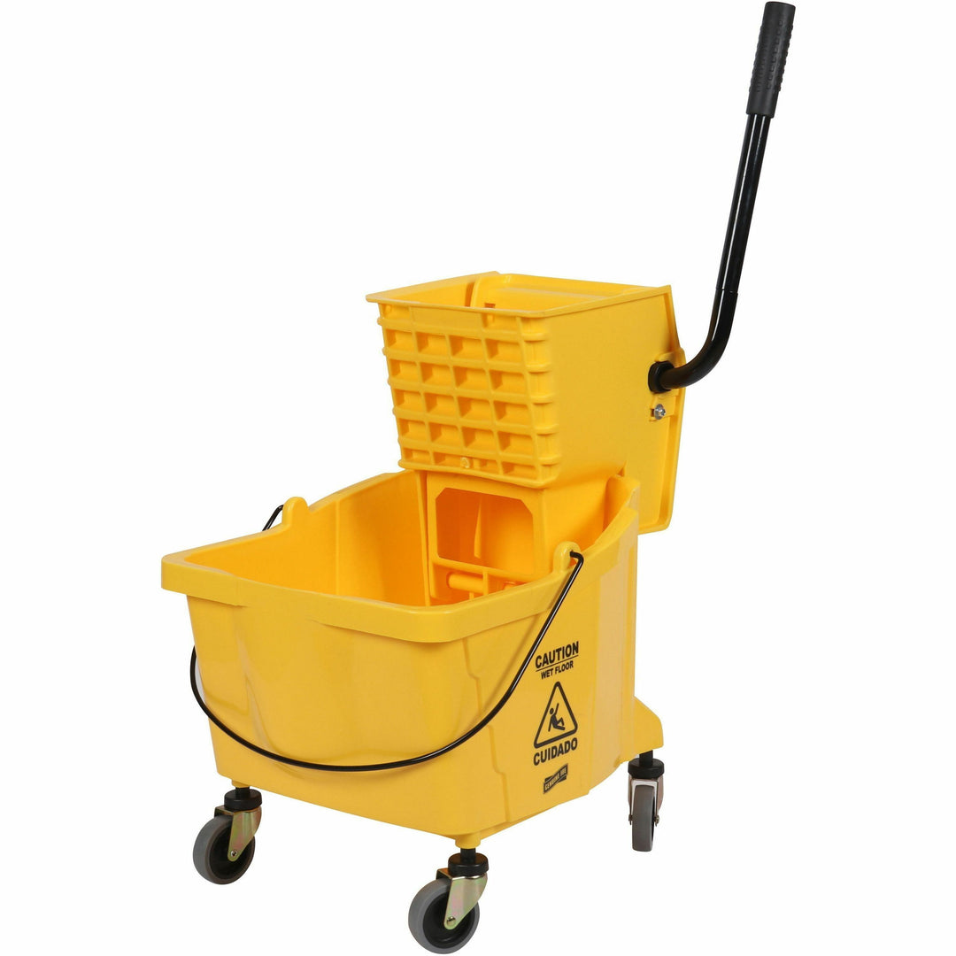 Image of Genuine Joe 02347 35-quart Side Press Mop Bucket & Wringer Combo, 8.75 gal, Caster, 21" x 16" x 14", Yellow, 1 Each