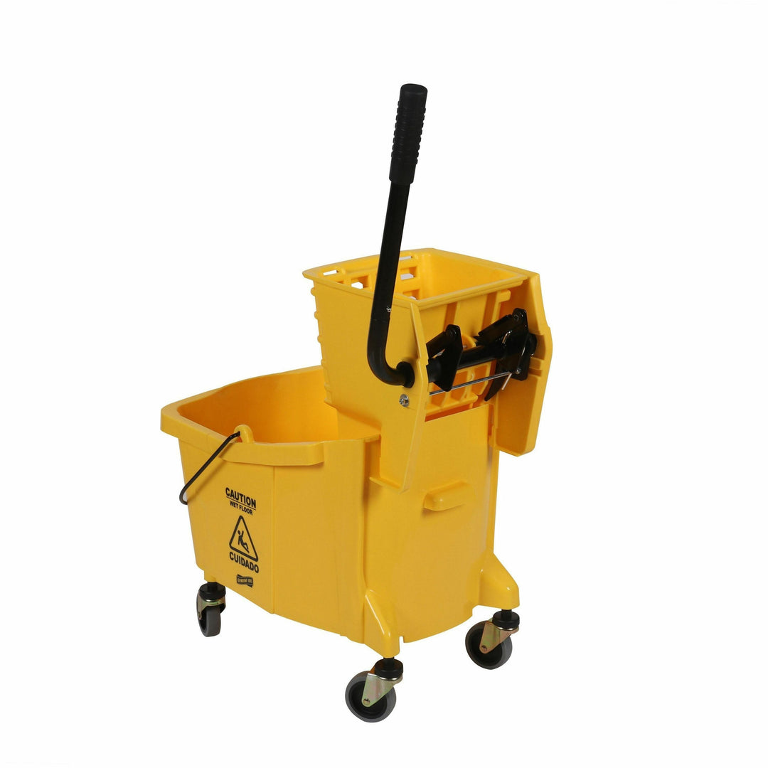 Image of Genuine Joe 02347 35-quart Side Press Mop Bucket & Wringer Combo, 8.75 gal, Caster, 21" x 16" x 14", Yellow, 1 Each