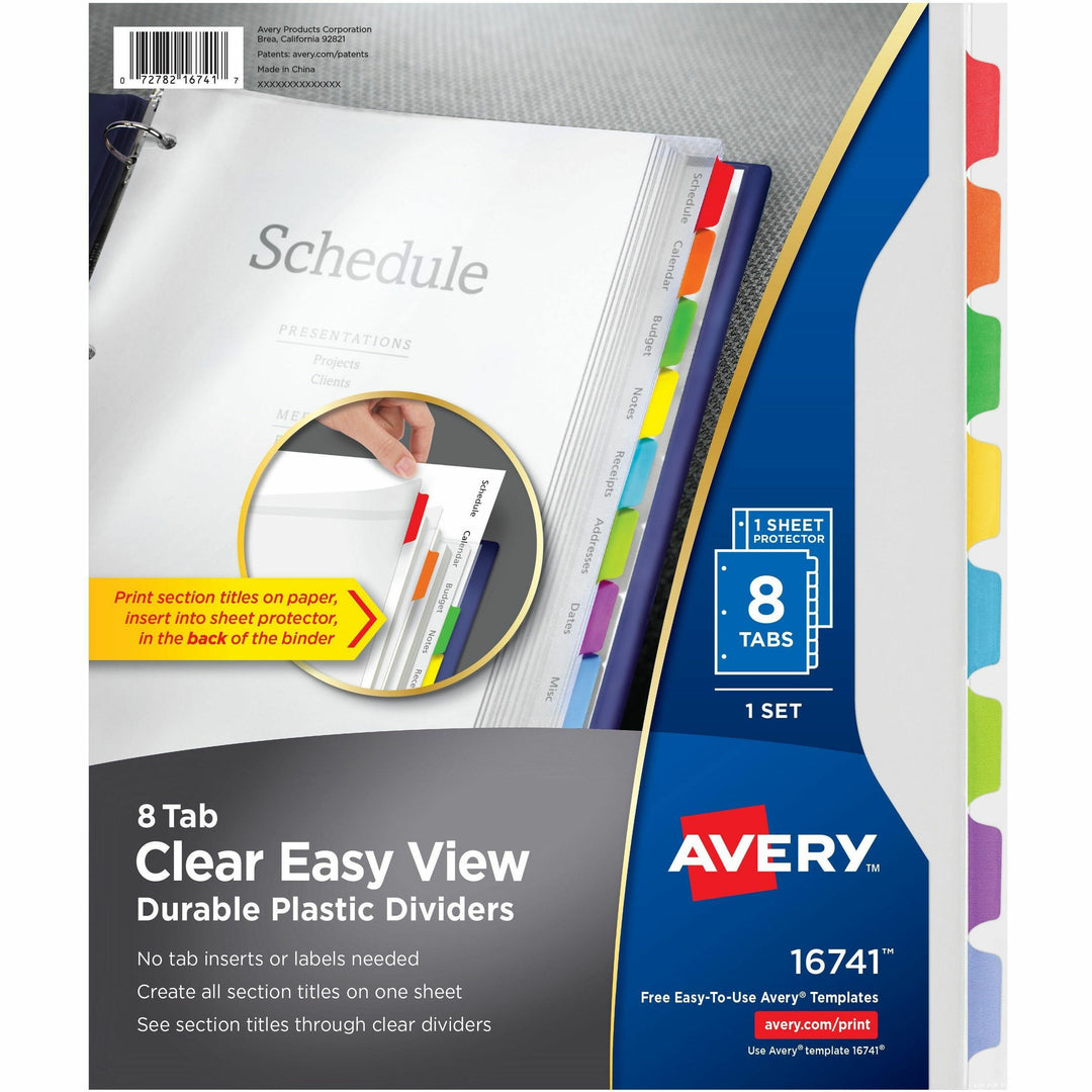 Image of Avery® Clear Easy View Plastic Dividers With Multicolored Tabs And Sheet Protector, 8-Tab, 11 X 8.5, Clear, 1 Set