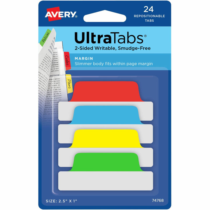 Image of Avery® Ultra Tabs Repositionable Tabs, Margin Tabs: 2.5" x 1", 1/5-Cut, Assorted Colors, 24/Pack