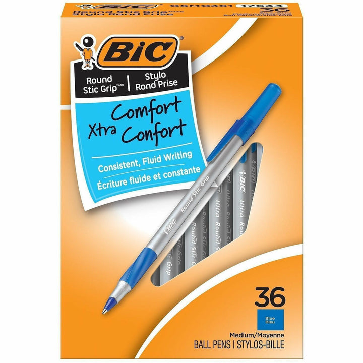 Image of BIC GSMG361BE Round Stic Grip Ballpoint Pen, 1.2 mm Medium Pen Point, Blue Ink, Brass Tip, 36 / Box