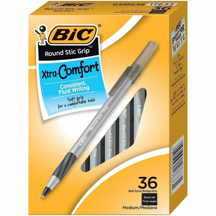 Image of BIC GSMG361BK Round Stic Grip Ballpoint Pen, 1.2 mm Medium Pen Point, Black Ink, Brass Tip, 36 / Box