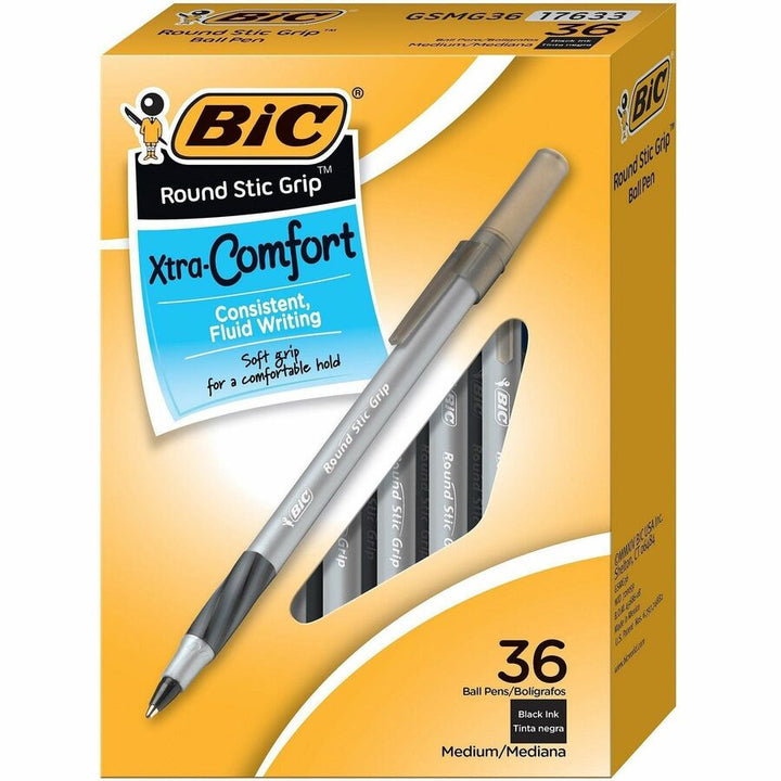 Image of BIC GSMG361BK Round Stic Grip Ballpoint Pen, 1.2 mm Medium Pen Point, Black Ink, Brass Tip, 36 / Box