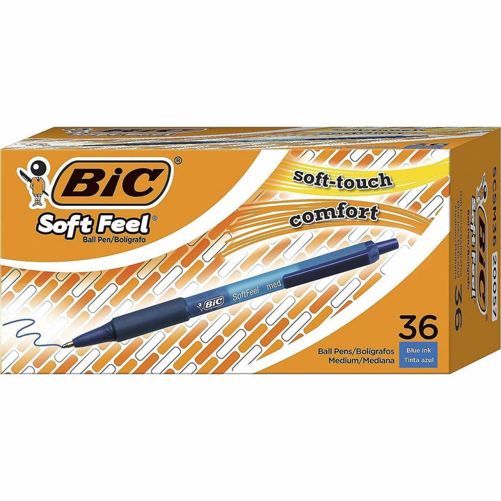 Image of BIC SCSM361BE SoftFeel Retractable Ball Pens, 1 mm Medium Pen Point, Retractable, Blue Ink, Blue Barrel, 36 / Box