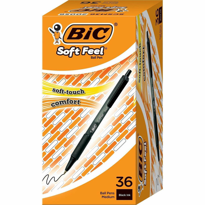 Image of BIC SCSM361BK SoftFeel Retractable Ball Pens, 1 mm Medium Pen Point, Retractable, Black Ink, Black Barrel, 36 / Box