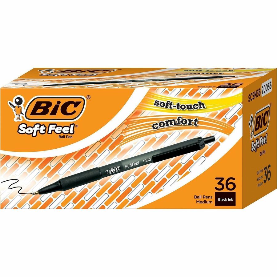 Image of BIC SCSM361BK SoftFeel Retractable Ball Pens, 1 mm Medium Pen Point, Retractable, Black Ink, Black Barrel, 36 / Box