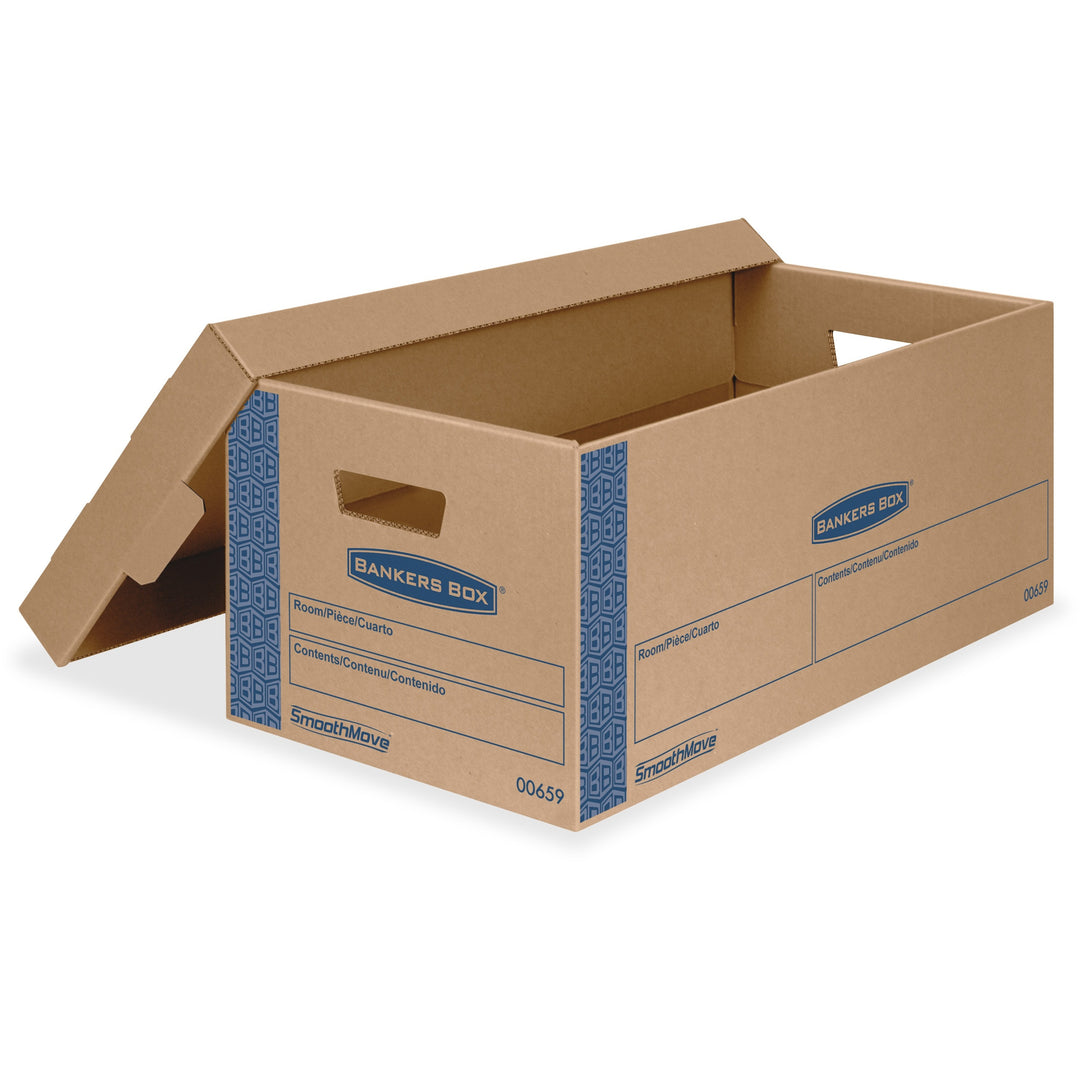 Image of Bankers Box® SmoothMove Prime Moving/Storage Boxes, Lift-Off Lid, Half Slotted Container, Small, 12" x 24" x 10", Brown/Blue, 8/Carton