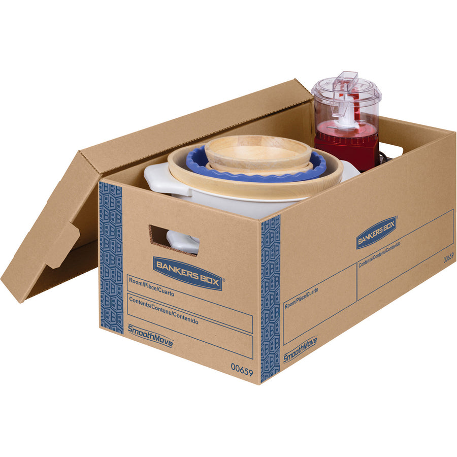 Image of Bankers Box® SmoothMove Prime Moving/Storage Boxes, Lift-Off Lid, Half Slotted Container, Small, 12" x 24" x 10", Brown/Blue, 8/Carton