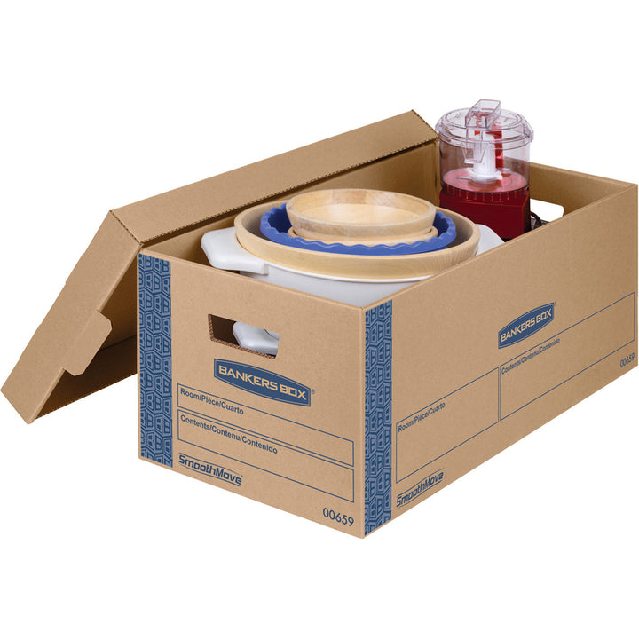 Image of Bankers Box® SmoothMove Prime Moving/Storage Boxes, Lift-Off Lid, Half Slotted Container, Small, 12" x 24" x 10", Brown/Blue, 8/Carton