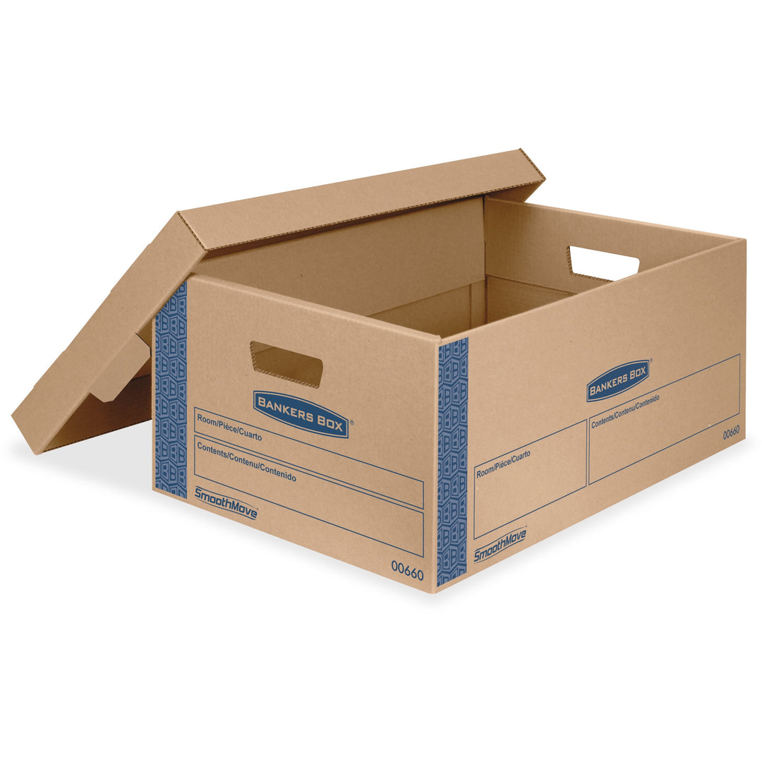 Image of Bankers Box® SmoothMove Prime Moving/Storage Boxes, Lift-Off Lid, Half Slotted Container, Large, 15" x 24" x 10", Brown/Blue, 8/Carton