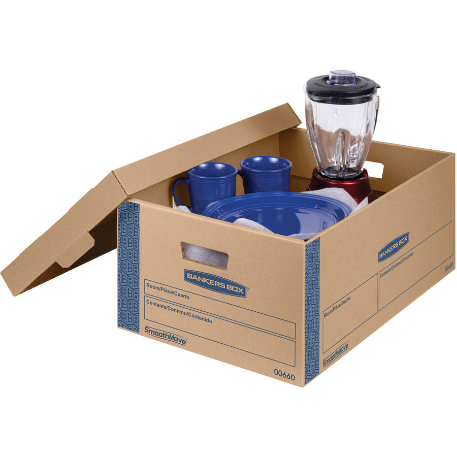 Image of Bankers Box® SmoothMove Prime Moving/Storage Boxes, Lift-Off Lid, Half Slotted Container, Large, 15" x 24" x 10", Brown/Blue, 8/Carton