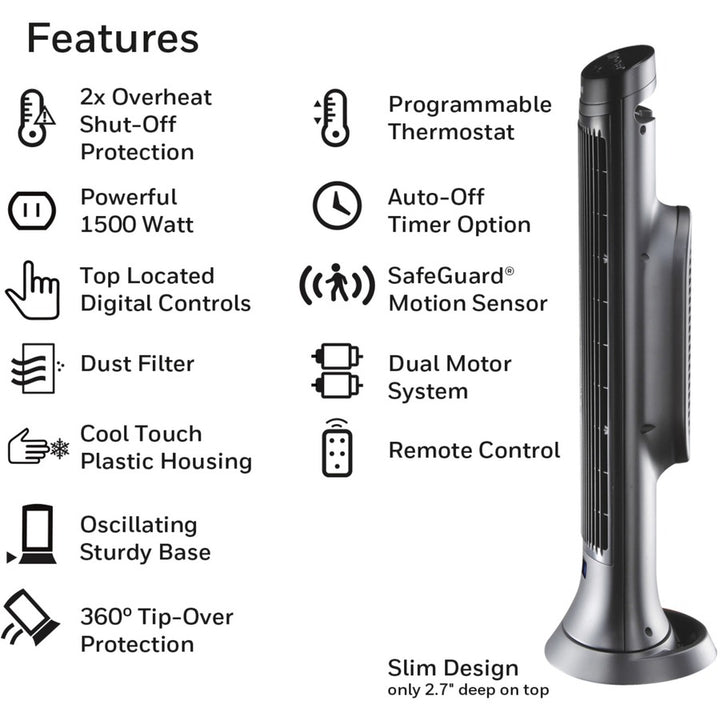 Image of Honeywell Digital Tower Heater,Remote,Motion Sensor,23-1/2"H,Black