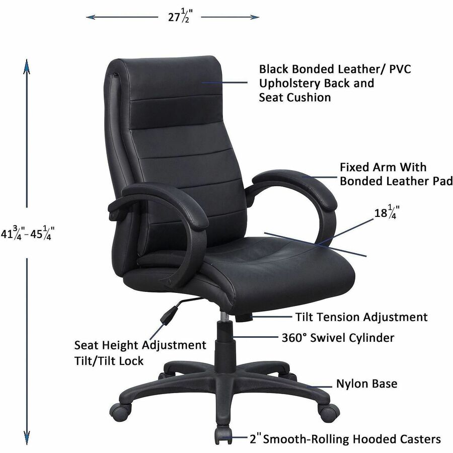 Image of Lorell 59532 Deluxe High-back Office Chair, Leather Seat Material, Leather Back Material, High Back, 5-star Base, Black, 1 Each