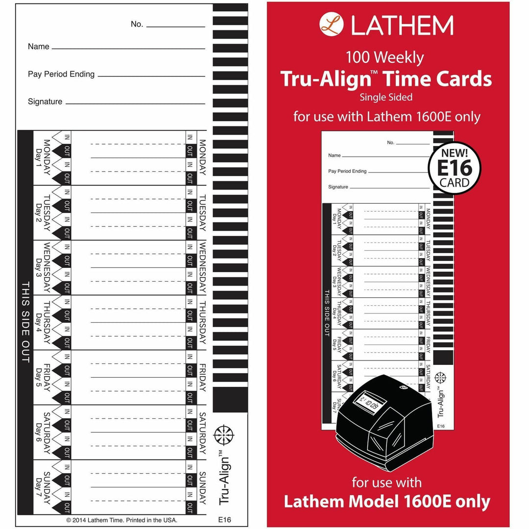 Image of Lathem E16100 E16 Tru-Align Time Cards, 150 lb, 4" x 9" Sheet Size, White Sheet(s), 100 / Pack