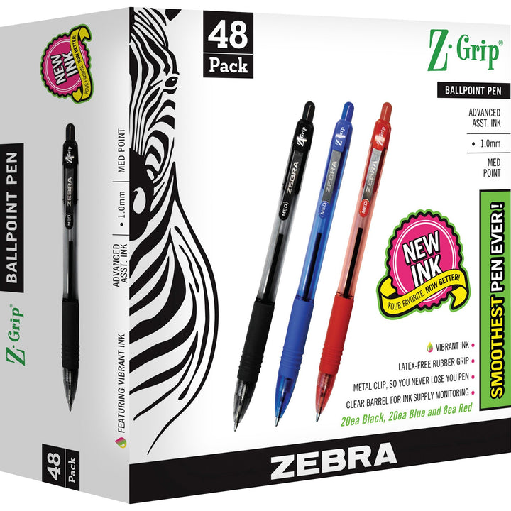 Image of Zebra Pen 22048 Z-Grip Retractable Ballpoint Pens, 1 mm Medium Pen Point, Retractable, Assorted Ink, Clear Plastic Barrel, 48 / Pack