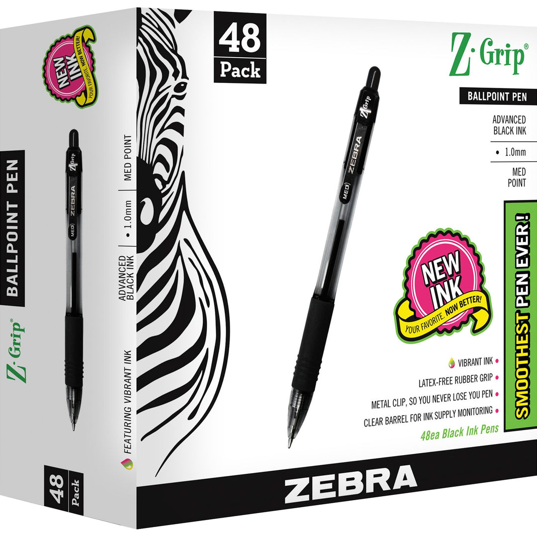 Image of Zebra® Z-Grip Ballpoint Pen, Retractable, Medium 1 mm, Black Ink, Clear/Black Barrel, 48/Pack