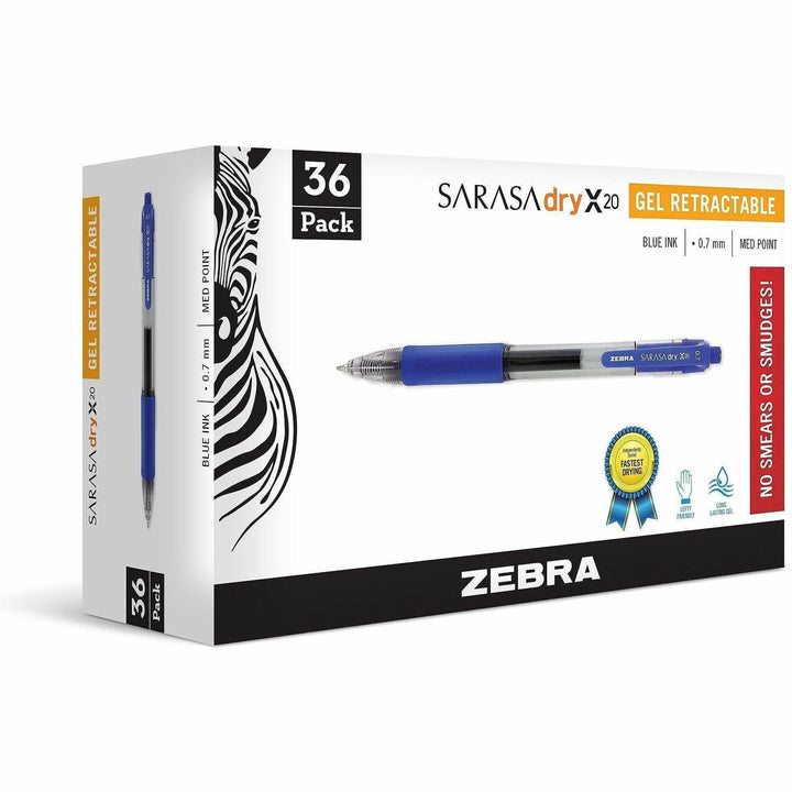 Image of Zebra® Sarasa Dry Gel X20 Gel Pen, Retractable, Medium 0.7 mm, Blue Ink, Clear/Blue Barrel, 36/Pack