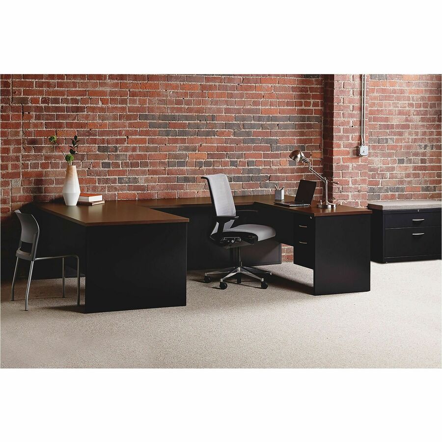 Image of Lorell Right Pedestal Desk, 30"x48", Black/Walnut