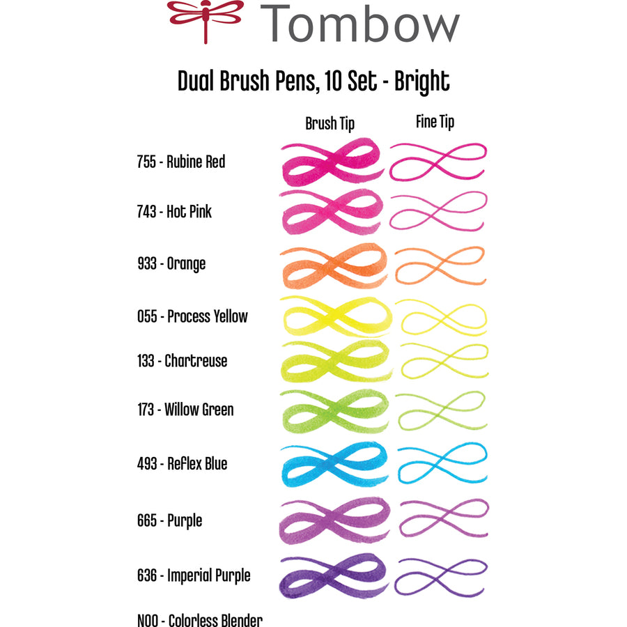 Image of Tombow® Dual Brush Pen Set, Fine Tip/Brush Tip, 10-count, AST Bright