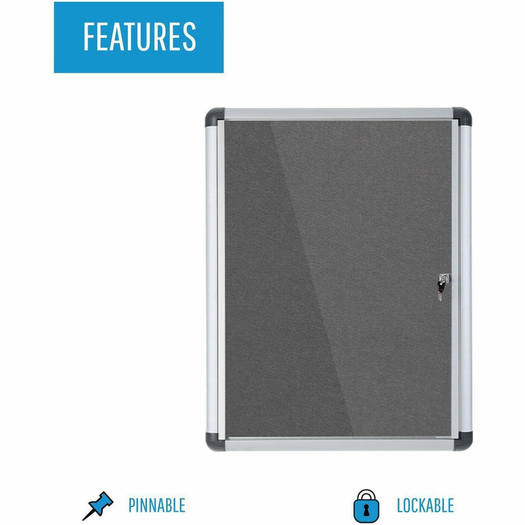 Image of MasterVision® Slim-Line Enclosed Fabric Bulletin Board with One Door, 28" x 38", Gray Surface, Satin Aluminum Frame