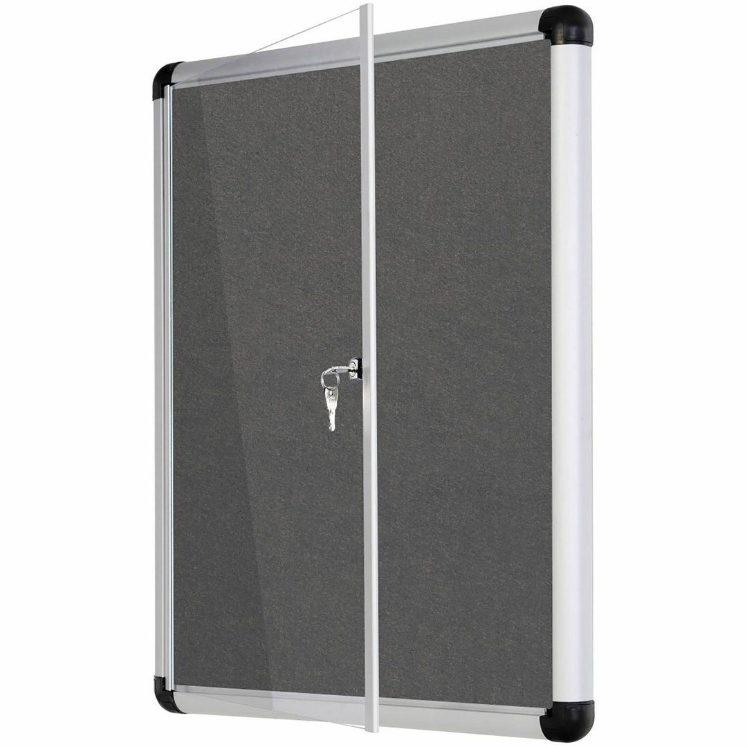 Image of MasterVision® Slim-Line Enclosed Fabric Bulletin Board with One Door, 28" x 38", Gray Surface, Satin Aluminum Frame