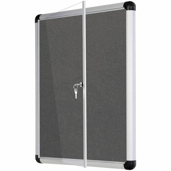 Image of MasterVision® Slim-Line Enclosed Fabric Bulletin Board with One Door, 28" x 38", Gray Surface, Satin Aluminum Frame