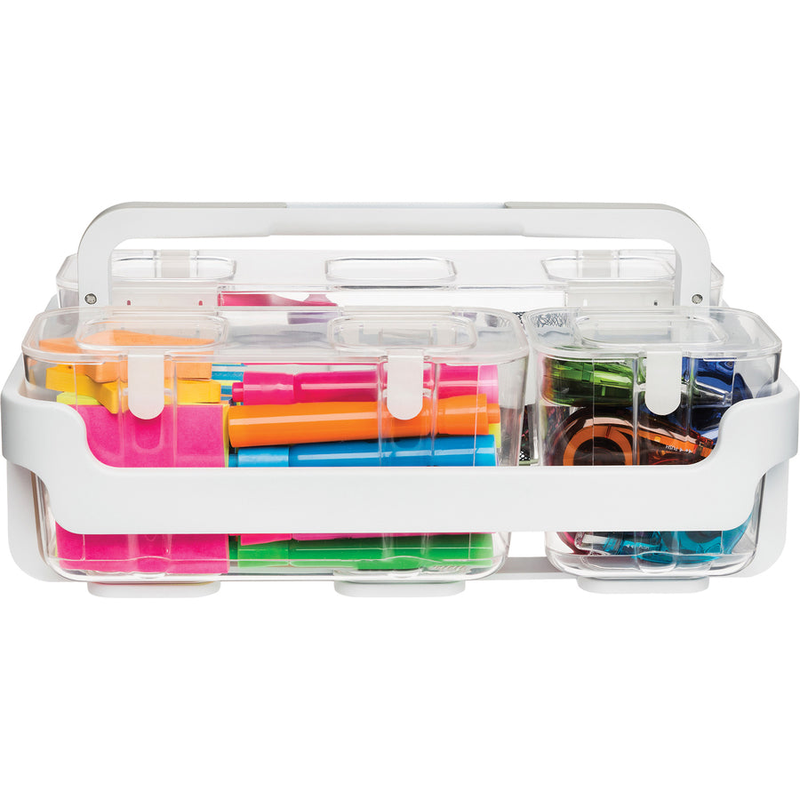 Image of deflecto® Stackable Caddy Organizer with S, M and L Containers, Plastic, 10.5 x 14 x 6.5, White Caddy/Clear Containers