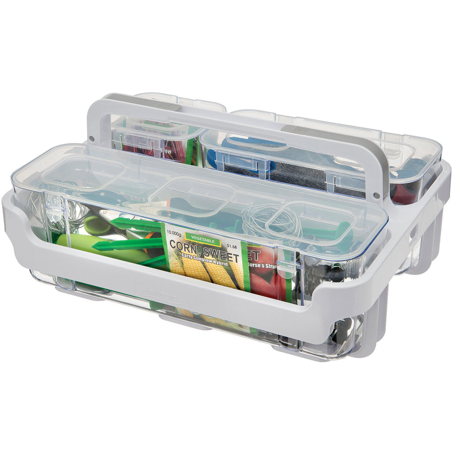 Image of deflecto® Stackable Caddy Organizer with S, M and L Containers, Plastic, 10.5 x 14 x 6.5, White Caddy/Clear Containers