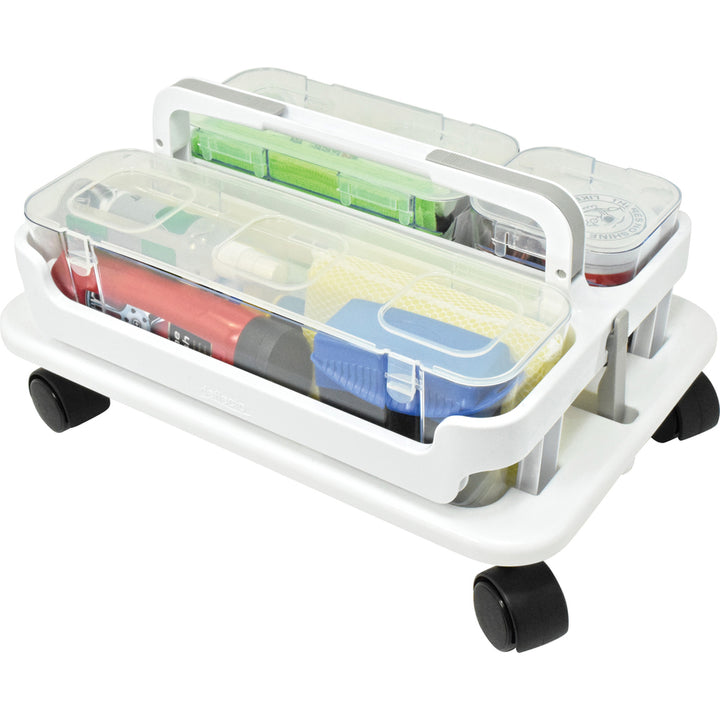 Image of deflecto® Stackable Caddy Organizer with S, M and L Containers, Plastic, 10.5 x 14 x 6.5, White Caddy/Clear Containers