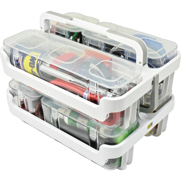 Image of deflecto® Stackable Caddy Organizer with S, M and L Containers, Plastic, 10.5 x 14 x 6.5, White Caddy/Clear Containers