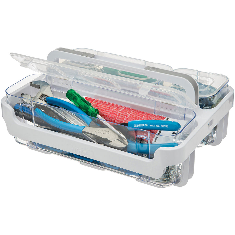 Image of deflecto® Stackable Caddy Organizer with S, M and L Containers, Plastic, 10.5 x 14 x 6.5, White Caddy/Clear Containers