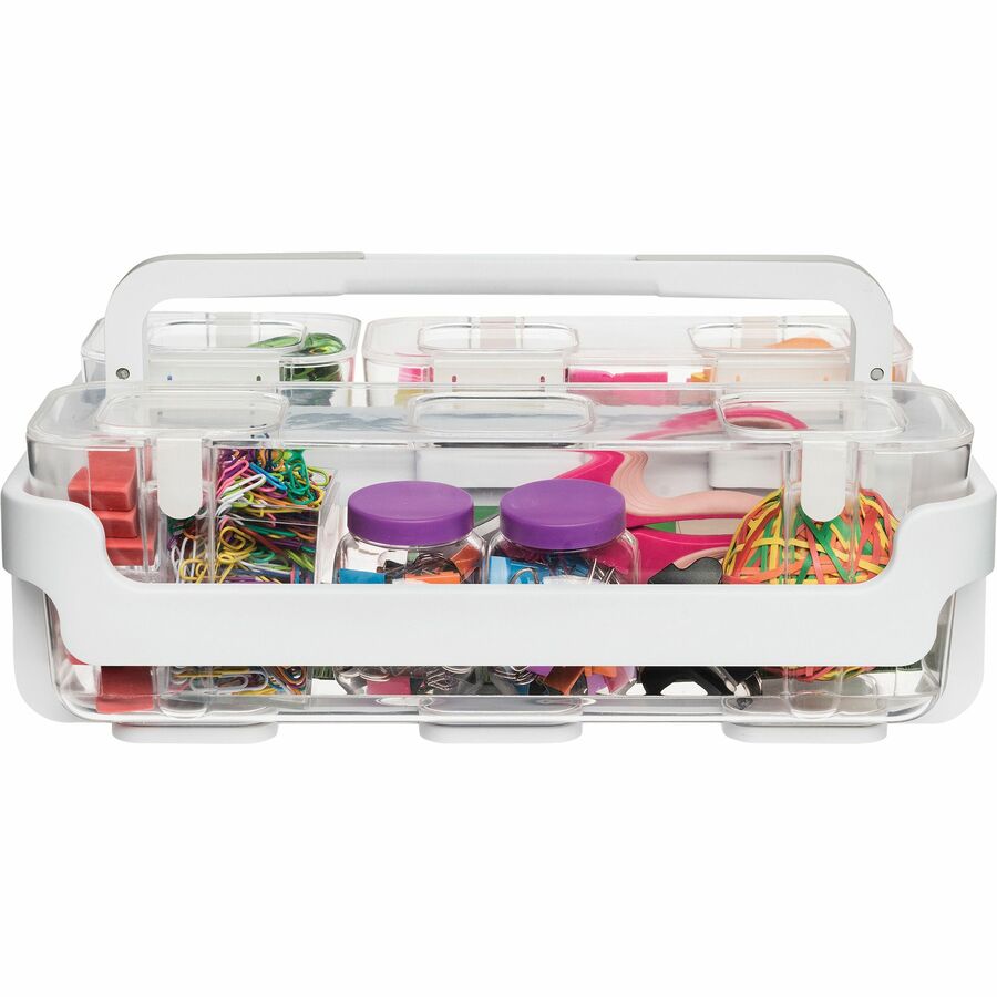 Image of deflecto® Stackable Caddy Organizer with S, M and L Containers, Plastic, 10.5 x 14 x 6.5, White Caddy/Clear Containers