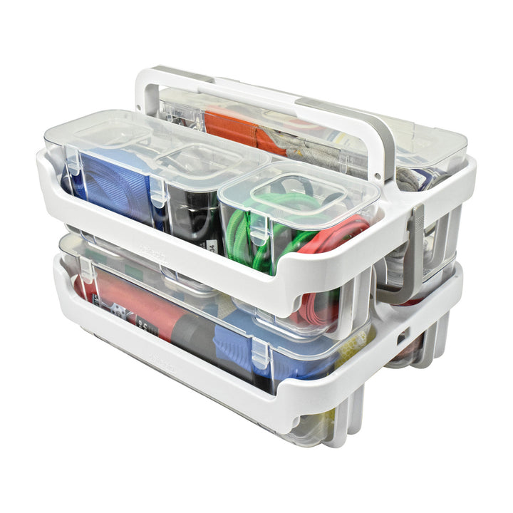 Image of deflecto® Stackable Caddy Organizer with S, M and L Containers, Plastic, 10.5 x 14 x 6.5, White Caddy/Clear Containers