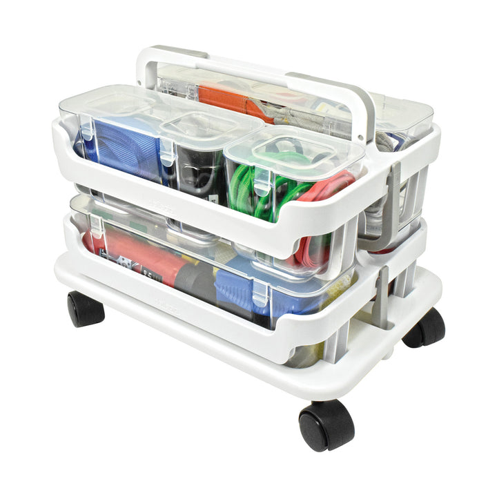 Image of deflecto® Stackable Caddy Organizer with S, M and L Containers, Plastic, 10.5 x 14 x 6.5, White Caddy/Clear Containers